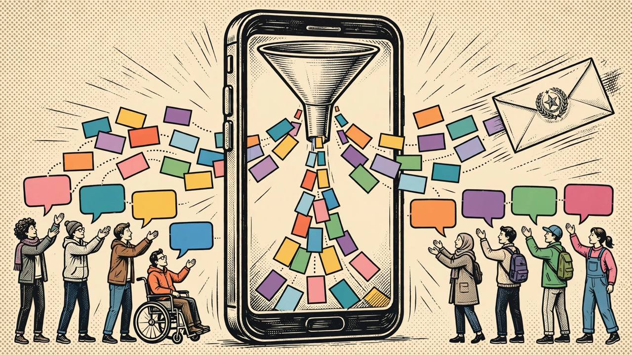 Editorial illustration: a smartphone feed funnel narrowing diverse speech bubbles into a single stream