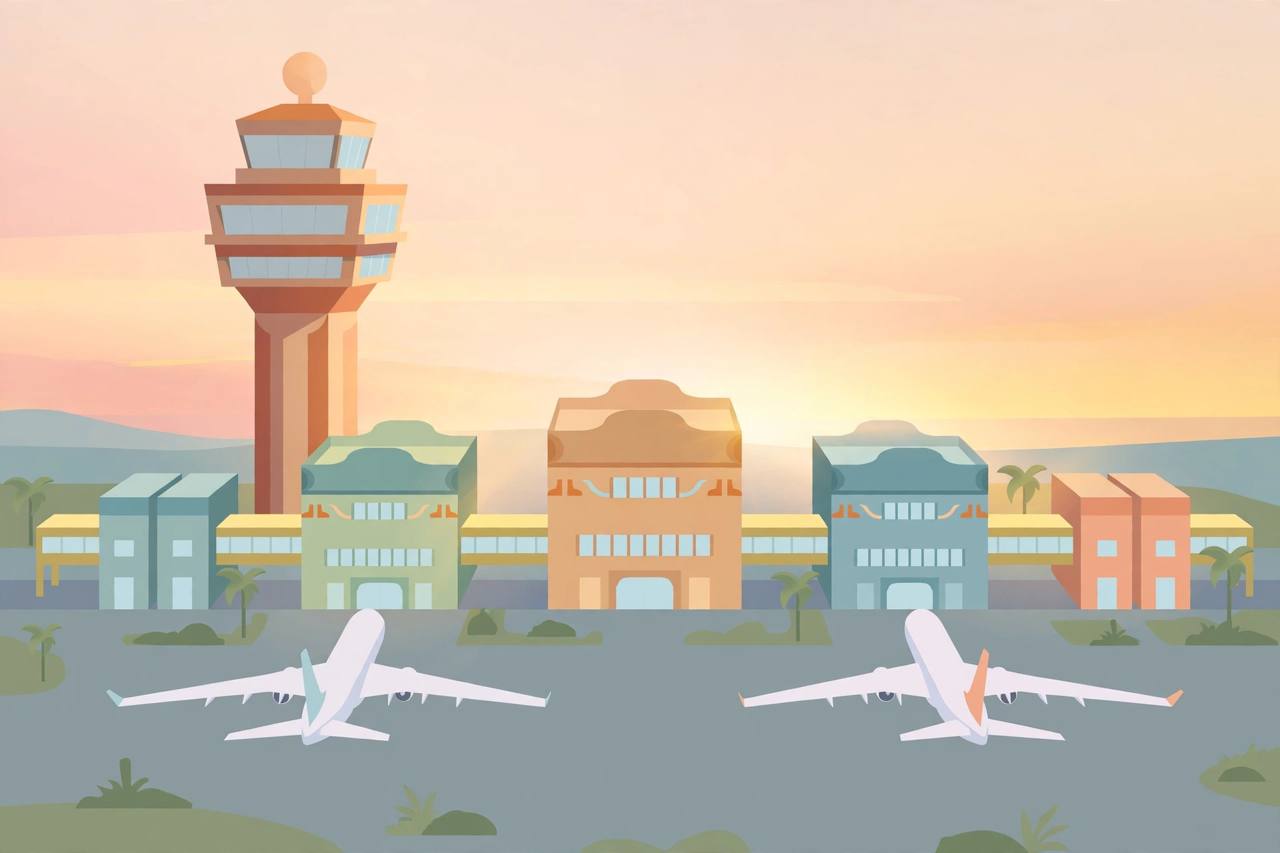Editorial illustration of an airport control tower with terminal buildings and two passenger planes on the apron at dawn