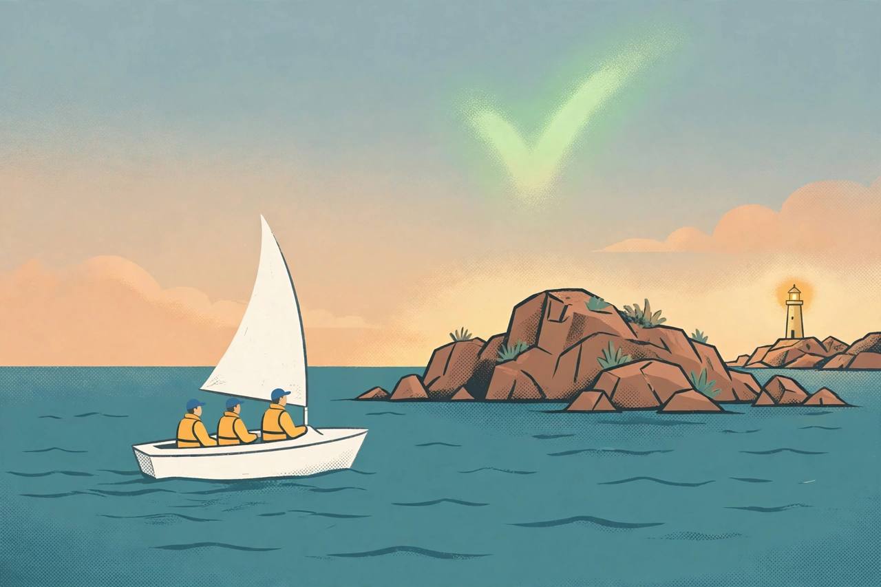 Editorial illustration of a small yacht with generic sailors in life jackets sailing safely on a calm sea near a rocky island at dawn