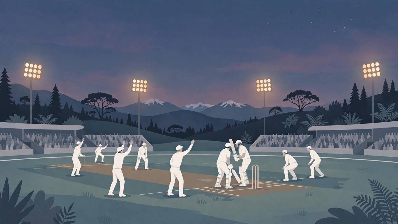 Editorial illustration of generic cricketers in white clothing at dusk, with the last batting pair holding on as light fades over a New Zealand ground