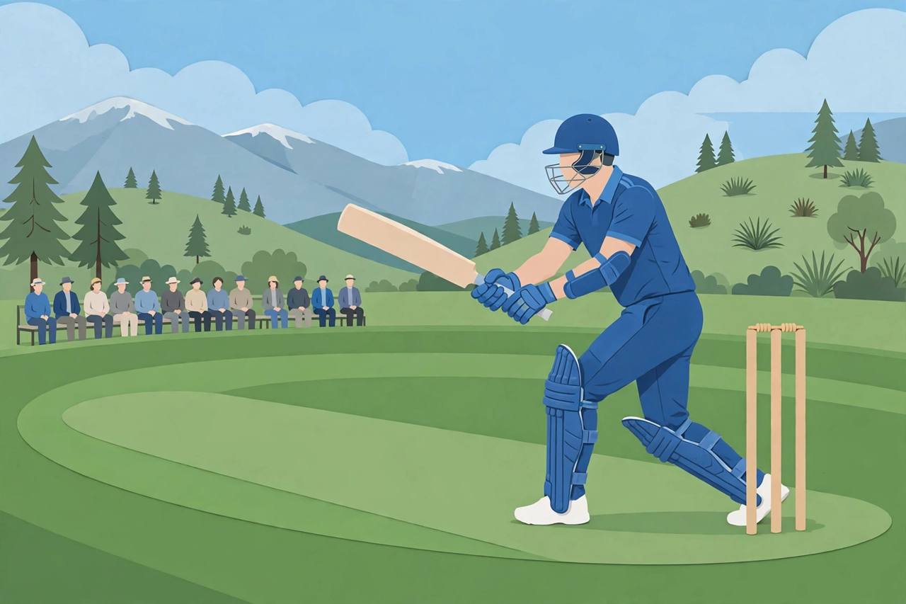 Editorial illustration of a generic left-handed Indian cricket batter in blue playing a cover drive at a green oval ground in New Zealand