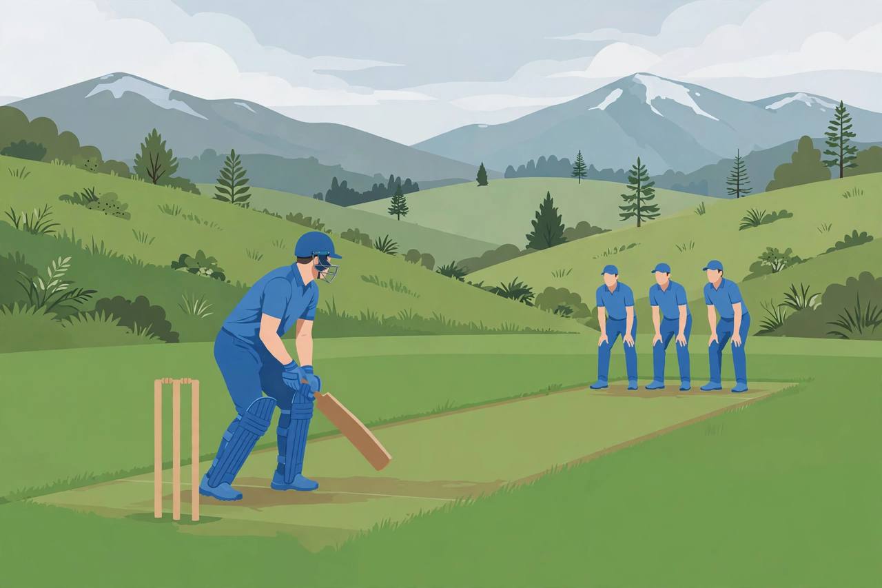 Editorial illustration of a generic left-handed batter playing a defensive shot in a four-day cricket match on a green pitch