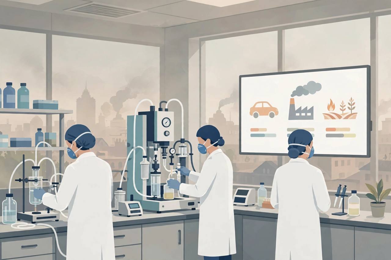 Editorial illustration of generic scientists in an air-quality laboratory with a hazy Delhi skyline; no real person depicted