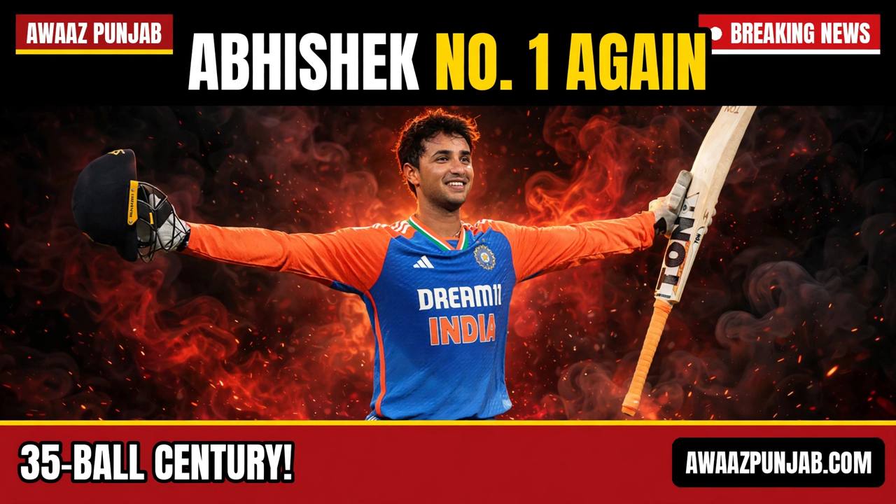 India batter Abhishek Sharma celebrating with his bat and helmet raised, on an Awaaz Punjab branded thumbnail reading ABHISHEK NO. 1 AGAIN and 35-BALL CENTURY