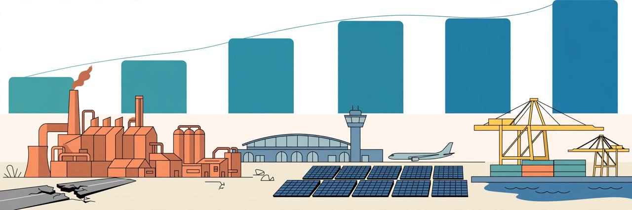 Editorial illustration of a copper plant, airport terminal, solar panels and a port crane under rising revenue bars, with a small cracked road in the corner, no real person's likeness