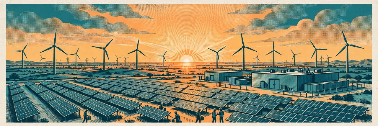 Editorial illustration of a vast solar and wind renewable energy park in Gujarat at sunrise with battery storage and generic workers