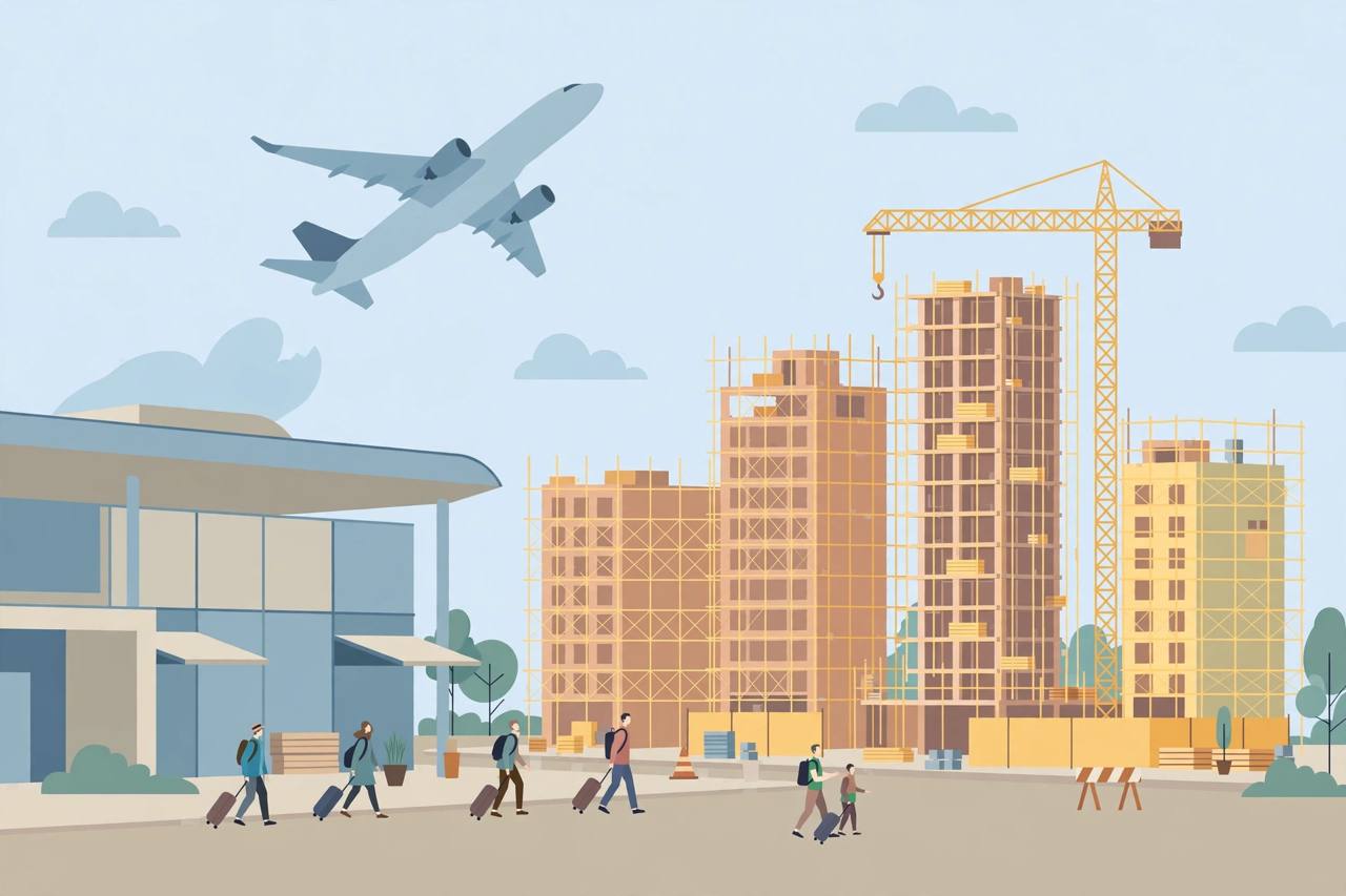 Editorial illustration of an airport terminal with a plane taking off and new hotel buildings under construction beside it, with travellers carrying suitcases