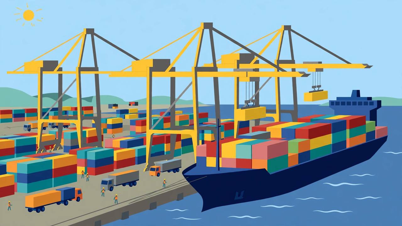 Editorial illustration of a container port with gantry cranes, a cargo ship and stacked containers, generic figures, no real person's likeness
