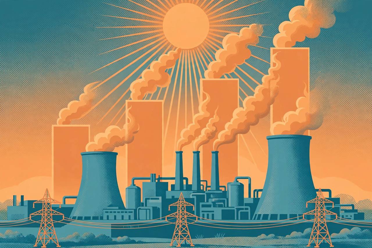 Editorial illustration of a thermal power plant with cooling towers, pylons and a rising chart formed by stylised plumes