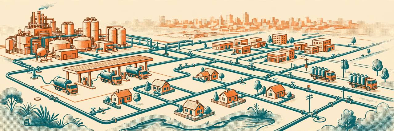 Editorial illustration of a city gas network with CNG stations, pipelines and homes