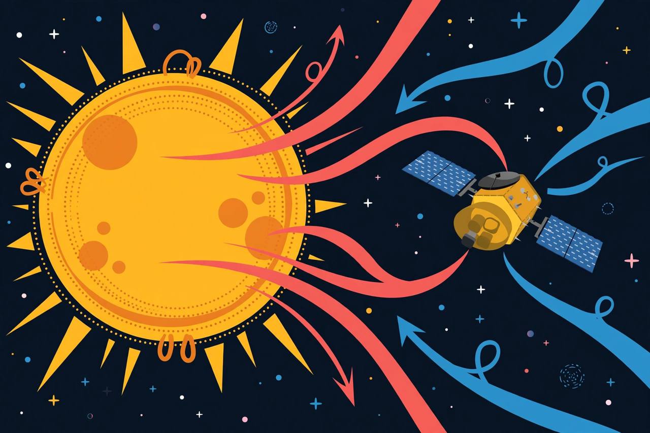 Editorial illustration of a solar observatory spacecraft near the Sun with red and blue Doppler plasma streams in the corona
