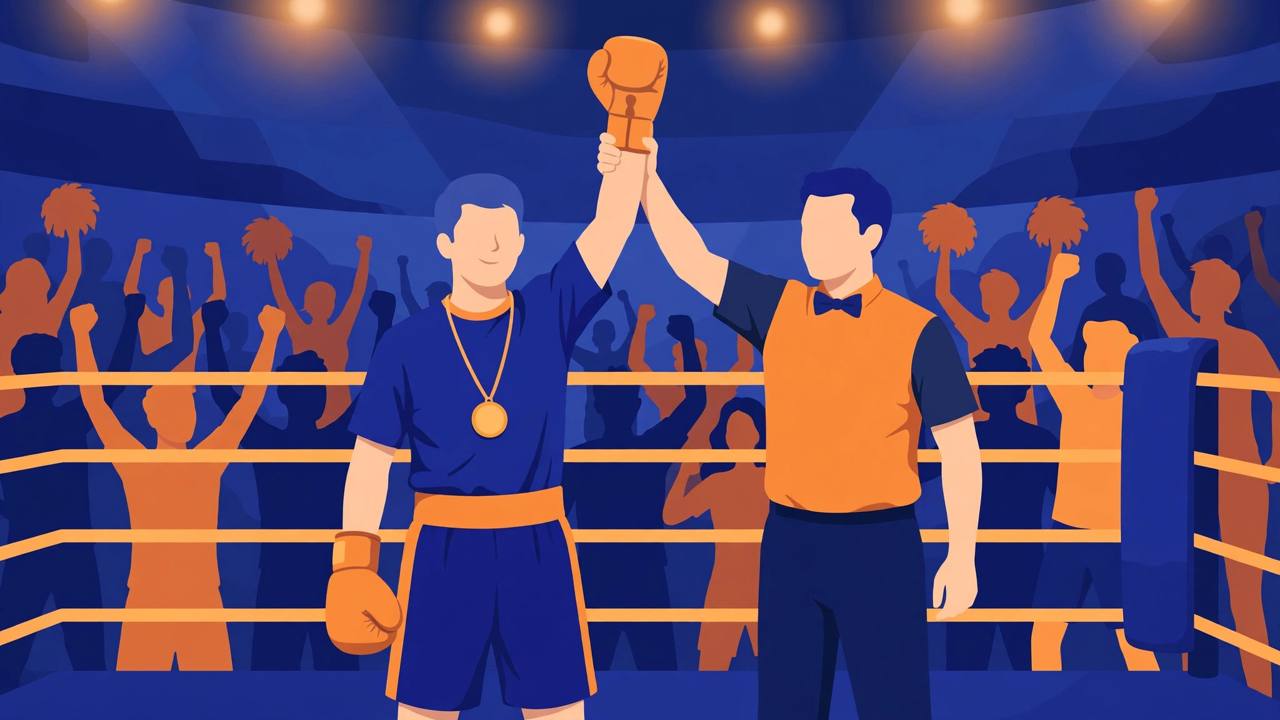 Editorial illustration of a young boxer in a boxing ring having his arm raised in victory by a referee, wearing a gold medal, with a cheering crowd behind him