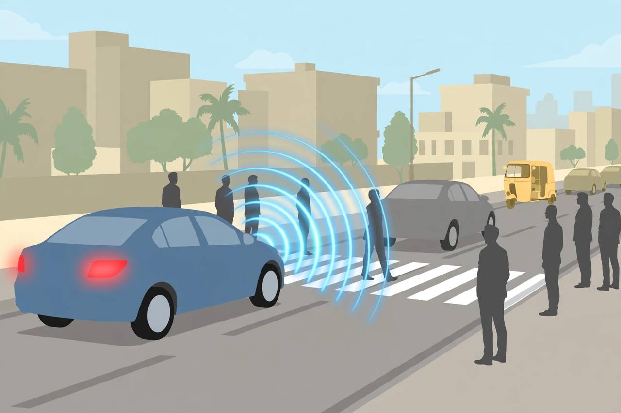 Editorial illustration of a generic car braking automatically before a pedestrian crossing as sensor waves detect a stopped vehicle ahead, flat style