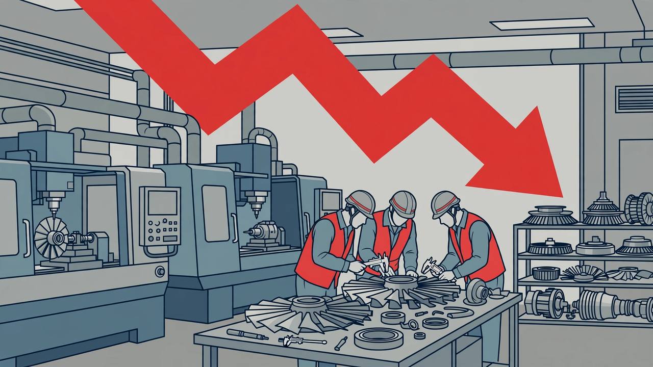 Editorial illustration of an aerospace precision engineering factory with CNC machines, turbine parts and engineers