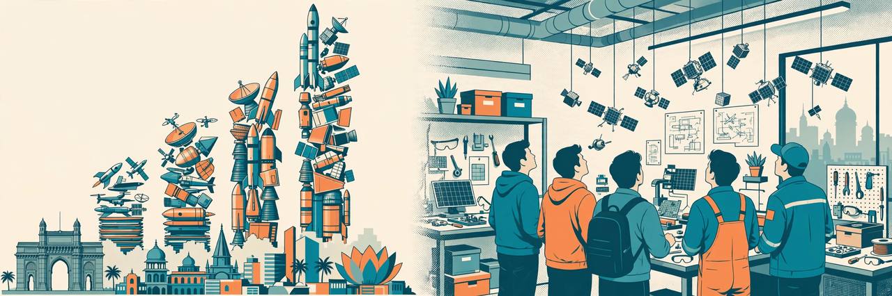 Editorial illustration of rockets, satellites and engineers showing India's aerospace sector growth, generic figures
