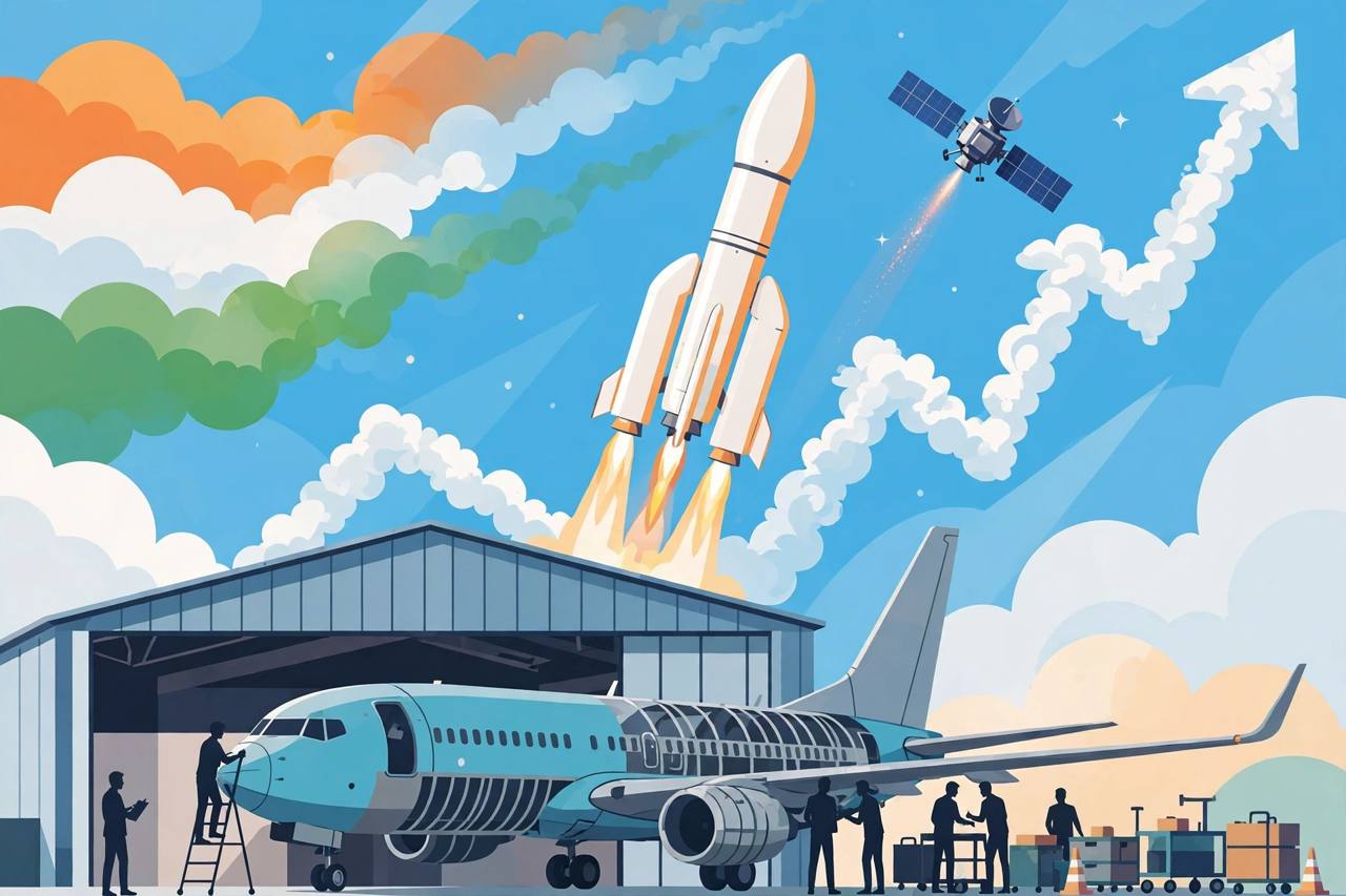 Editorial illustration of a rocket and satellite launching above an aircraft hangar with generic engineer silhouettes and a rising cloud arrow, flat style, no text, no real people