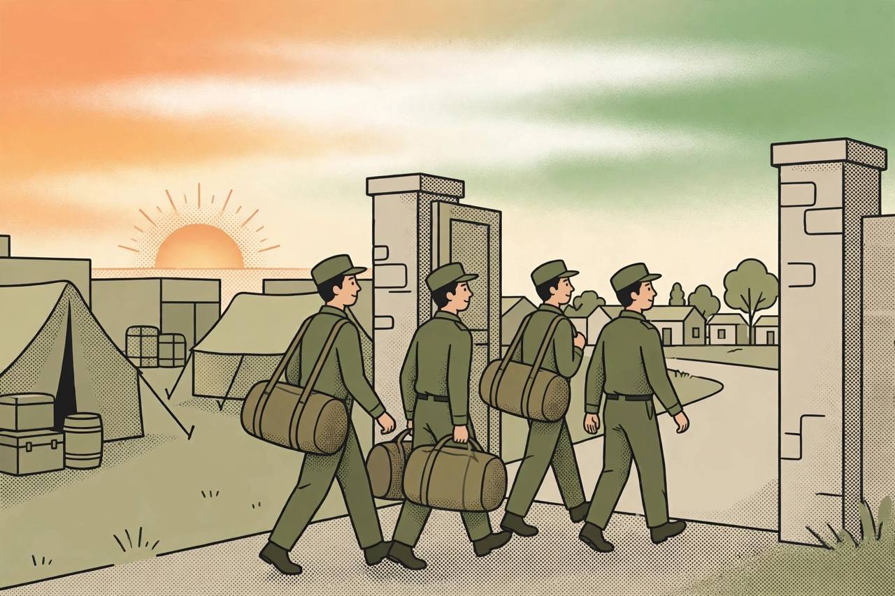 Editorial illustration of generic young soldiers leaving a camp gate at sunrise