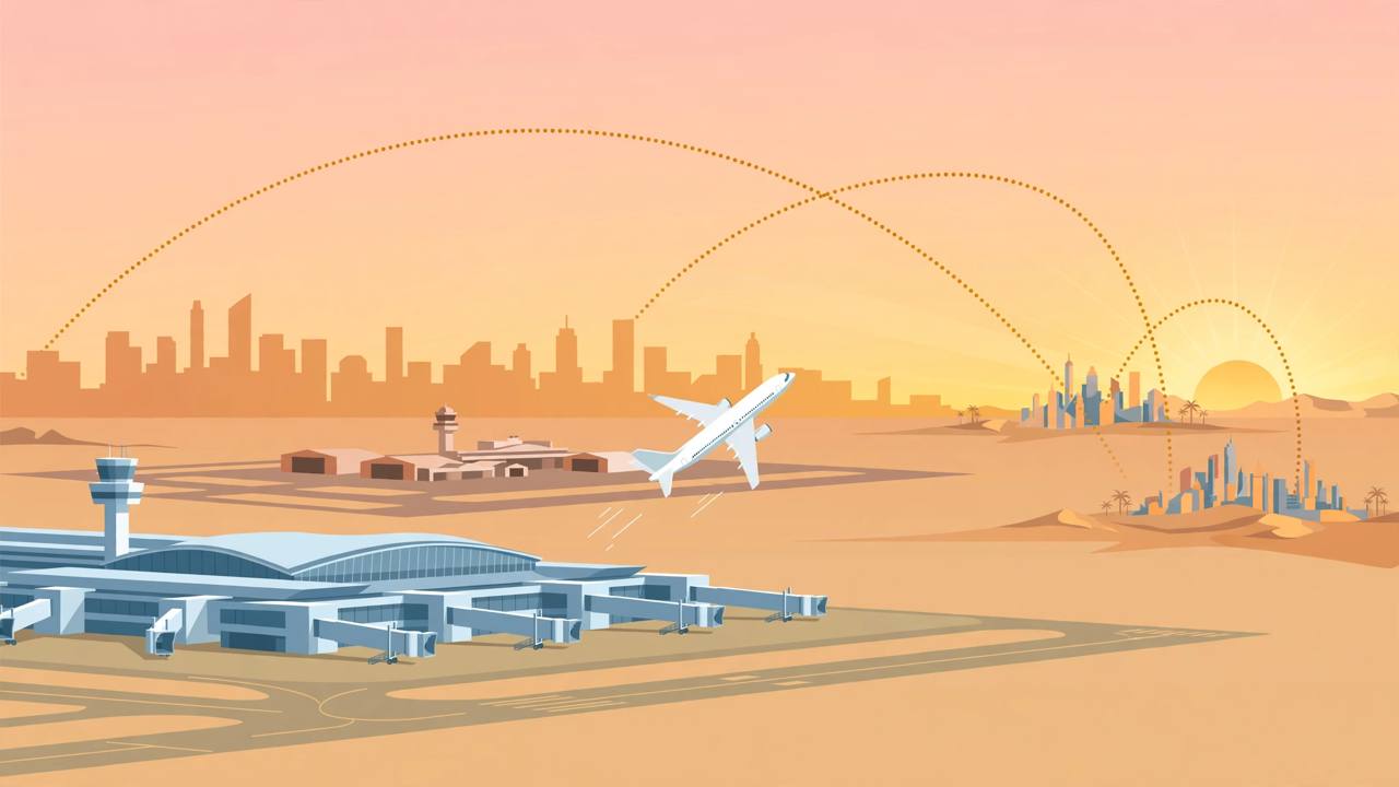 Editorial illustration of a generic passenger jet taking off from a new airport with dotted route arcs toward Gulf city skylines at dawn