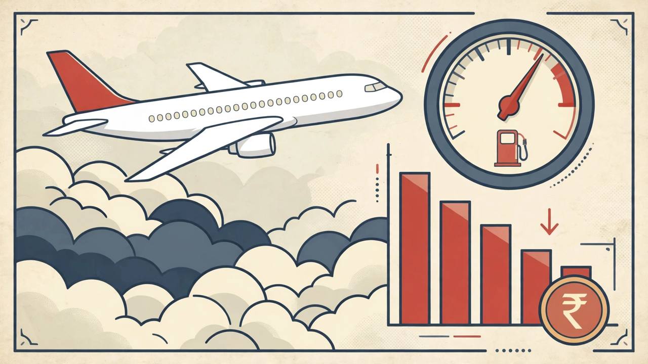 Editorial illustration of a generic passenger jet above clouds beside a high fuel gauge and a falling red bar chart with a rupee coin, symbolising an airline's rising fuel and currency costs
