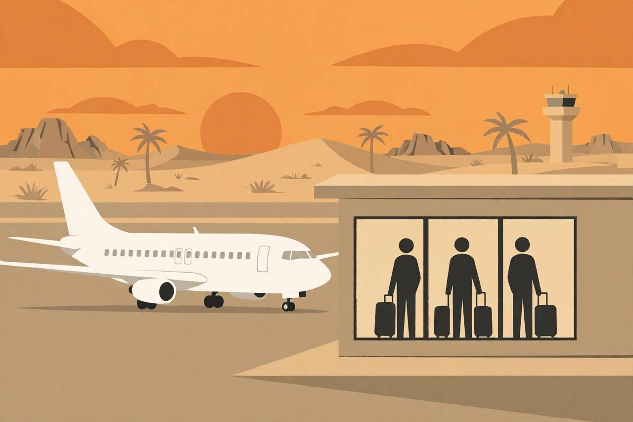 Editorial illustration of a generic passenger jet parked grounded at a desert airport at dusk, with travellers waiting in a terminal