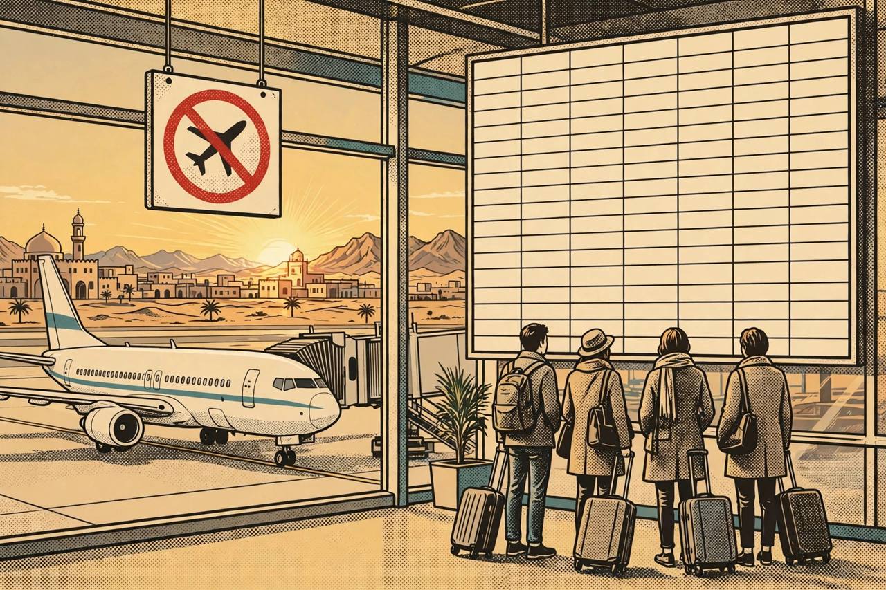 Editorial illustration of a parked passenger jet at an airport gate with travellers holding suitcases looking at a departure board