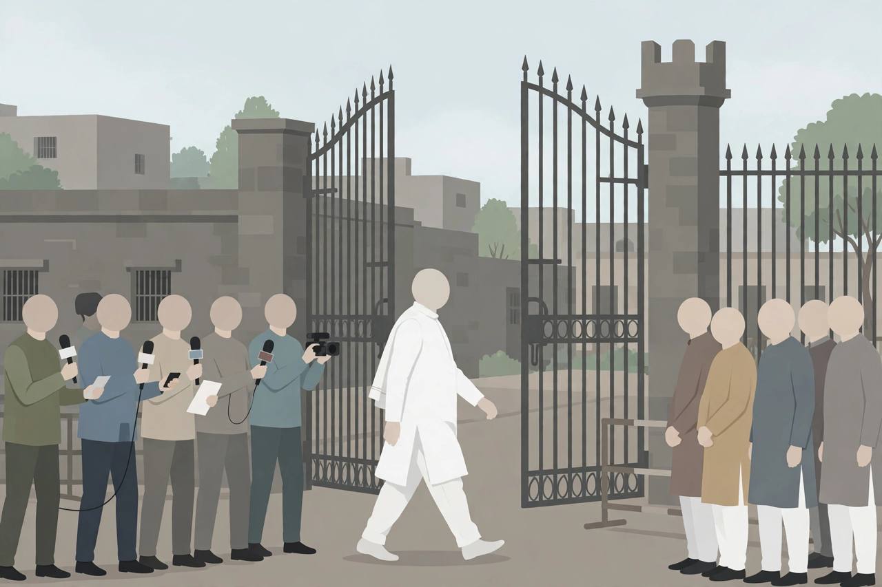Editorial illustration of a generic political leader in a white kurta walking through a jail gate past reporters