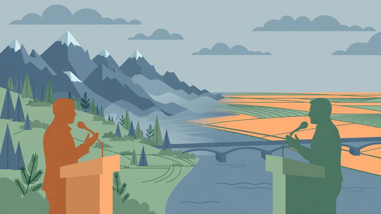 Editorial illustration of the Himalayan foothills and the UP plains with two generic politicians at separate podiums; no real person depicted