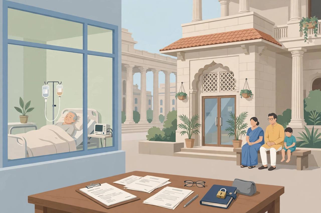Editorial illustration of a family seeking access to a coma patient's bank savings