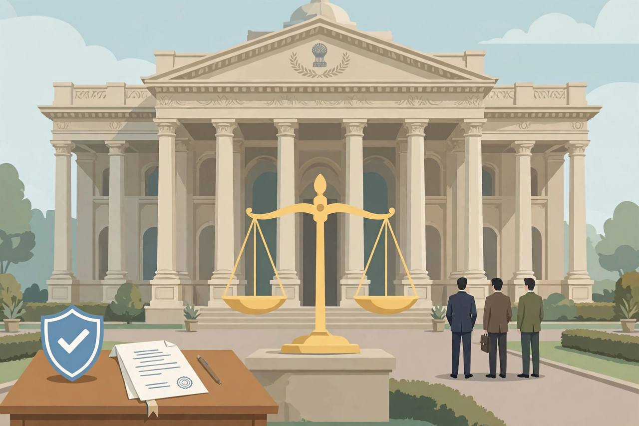 Editorial illustration of a high court building with scales of justice, a shield and a compensation document, flat style, no people depicted in any incident
