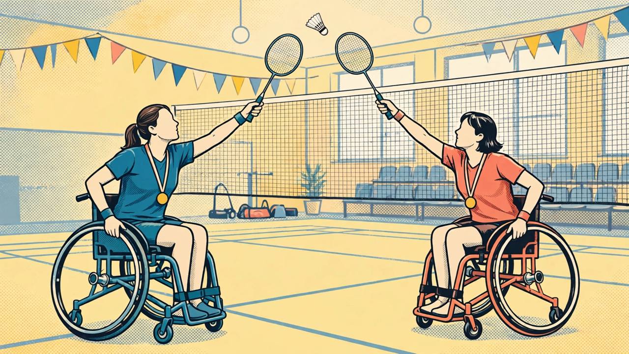 Editorial illustration of two women wheelchair badminton players reaching for a shuttlecock on an indoor court