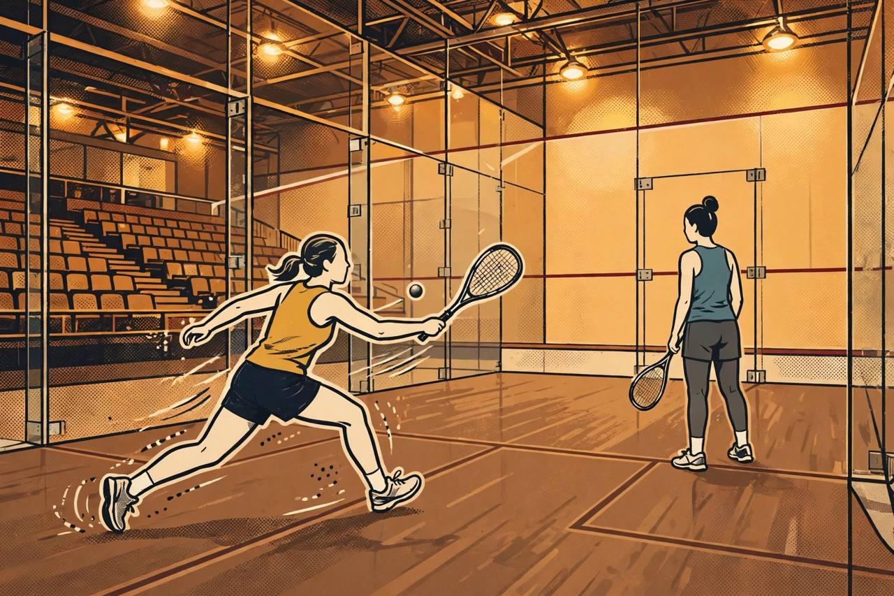 Editorial illustration of two generic women squash players competing on an indoor glass squash court