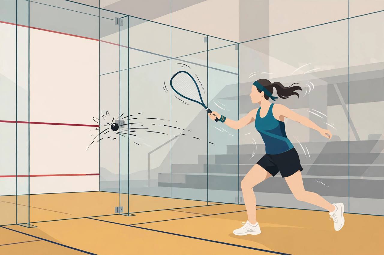 Editorial illustration of a generic young female squash player mid-swing inside a glass-walled squash court — flat style, no text, no real person's face