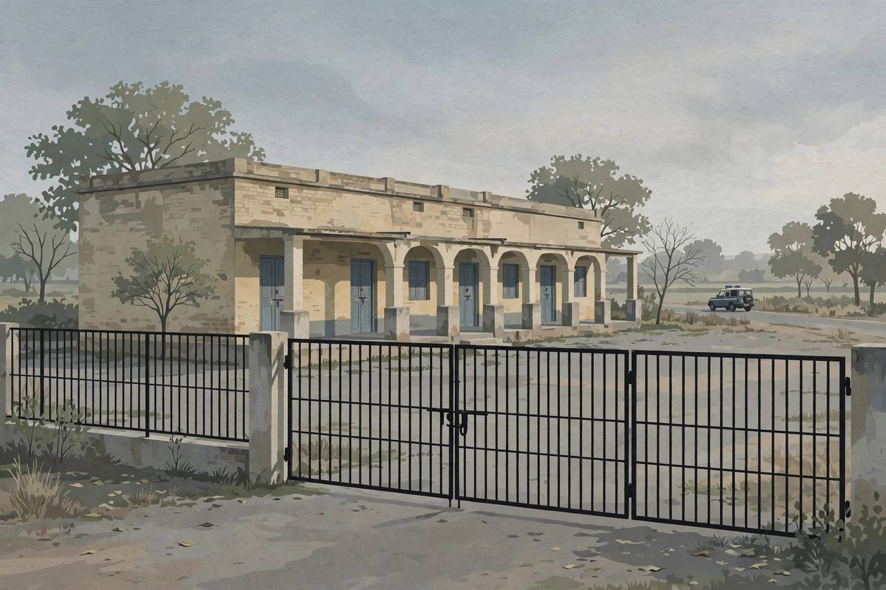 Editorial illustration of a government school building exterior in Andhra Pradesh with a closed gate and a police vehicle parked at a distance