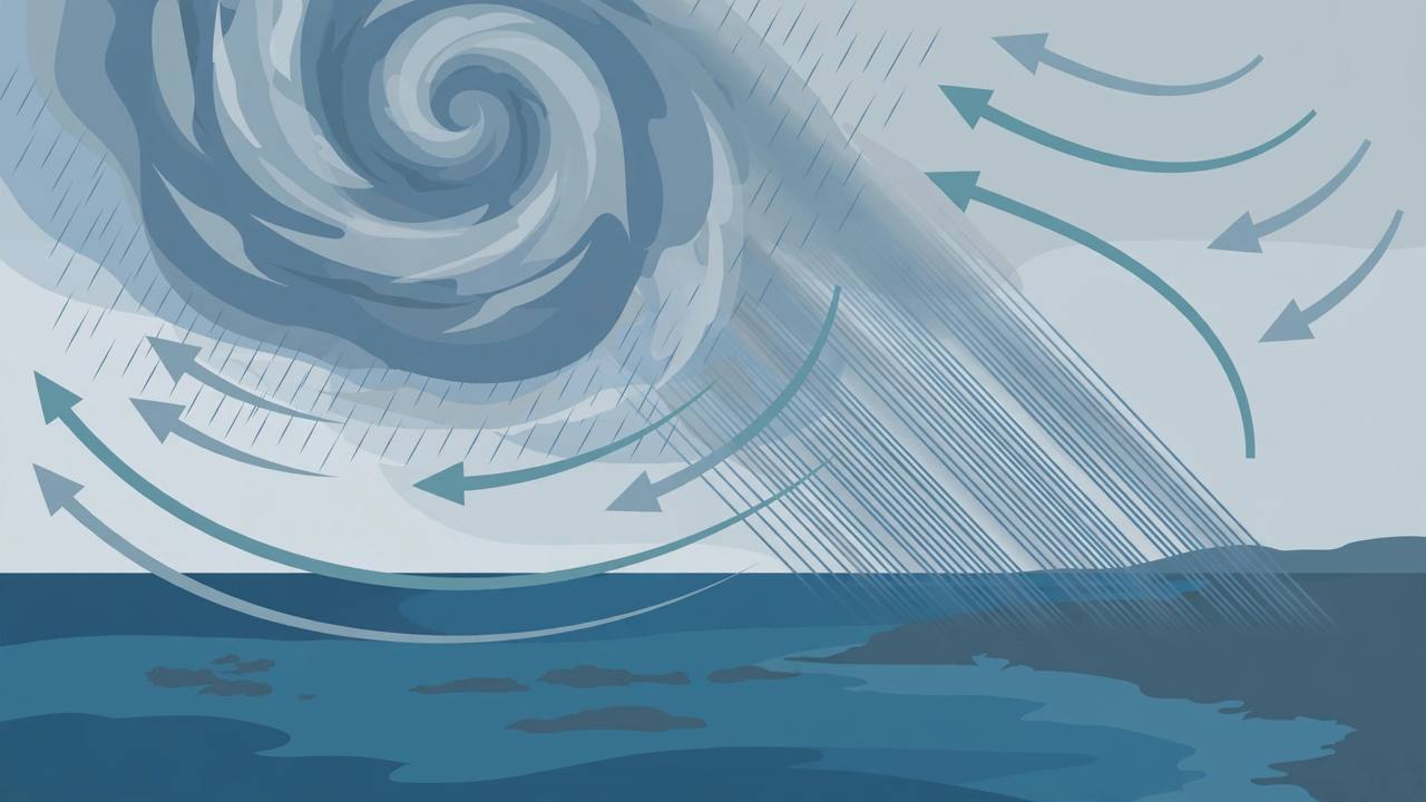 Editorial illustration of a swirling low-pressure weather system with rain bands over the sea