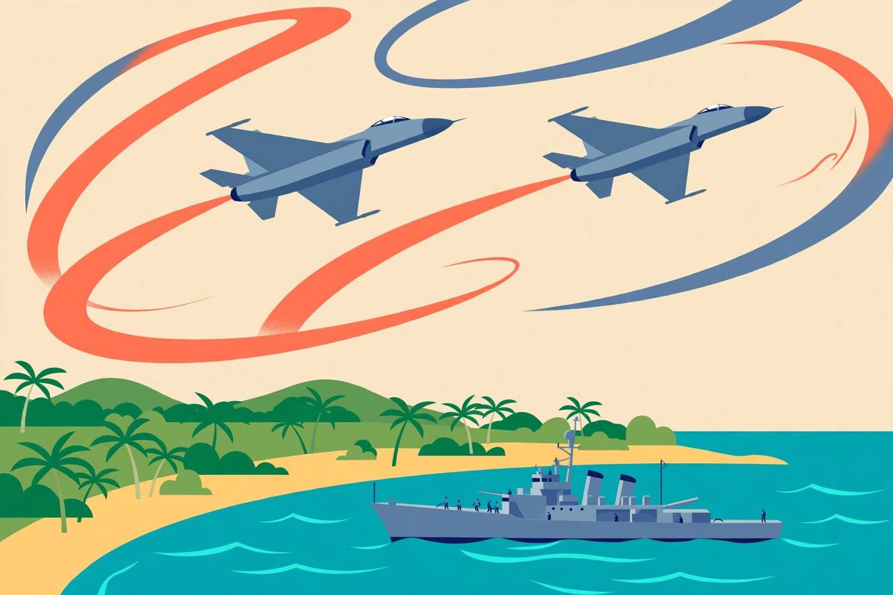 Editorial illustration of generic fighter jets and a naval warship in a joint exercise over a tropical island coastline