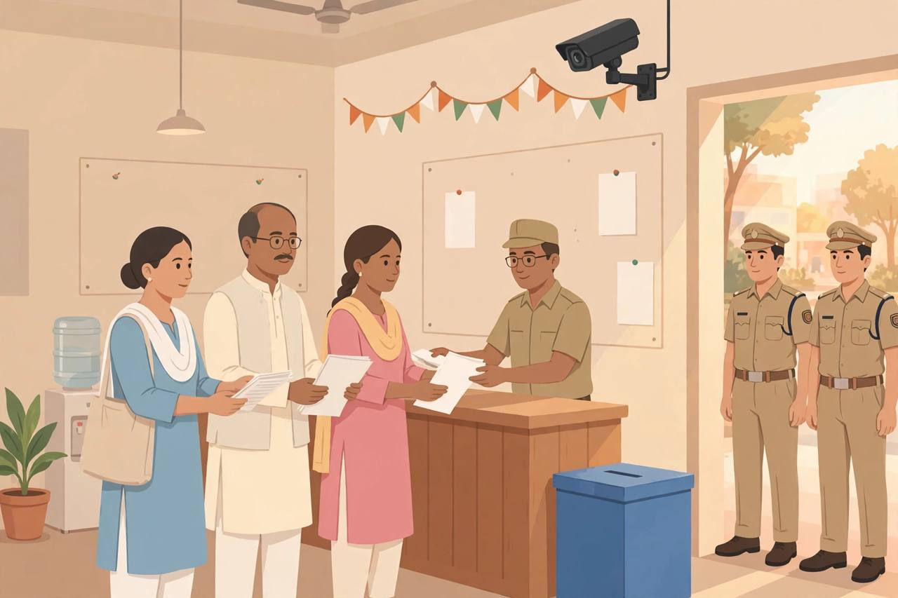 Editorial illustration of candidates filing nomination papers at a municipal election centre under CCTV and police guard