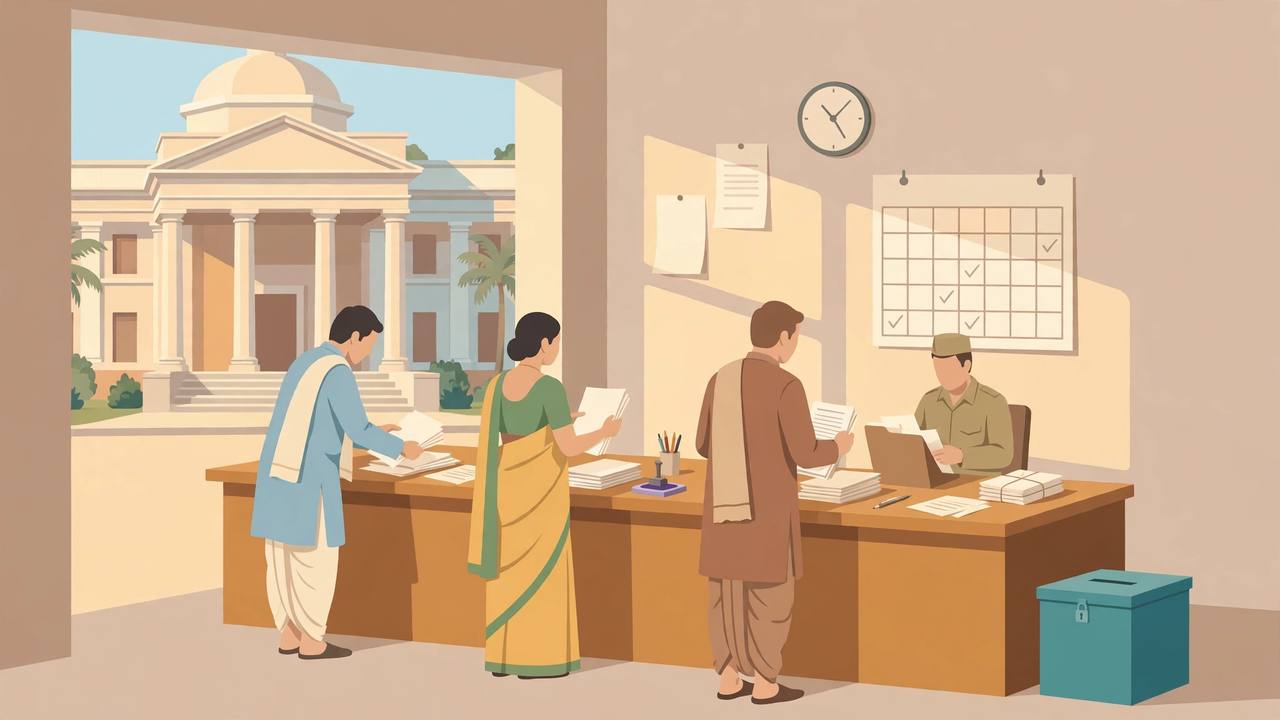 Editorial illustration of candidates filing nomination papers at a municipal election centre with a calendar and ballot box