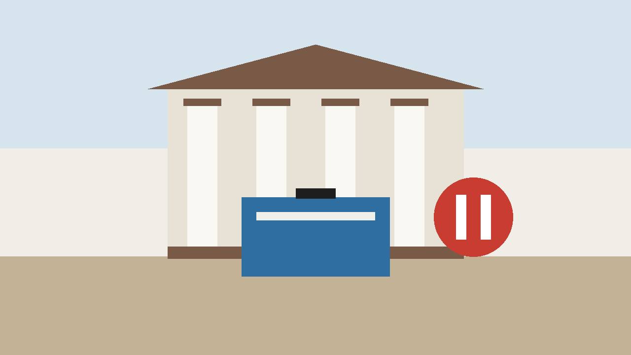 Editorial illustration of a ballot box in front of a courthouse with a red pause symbol — flat style, no text, no real person's face