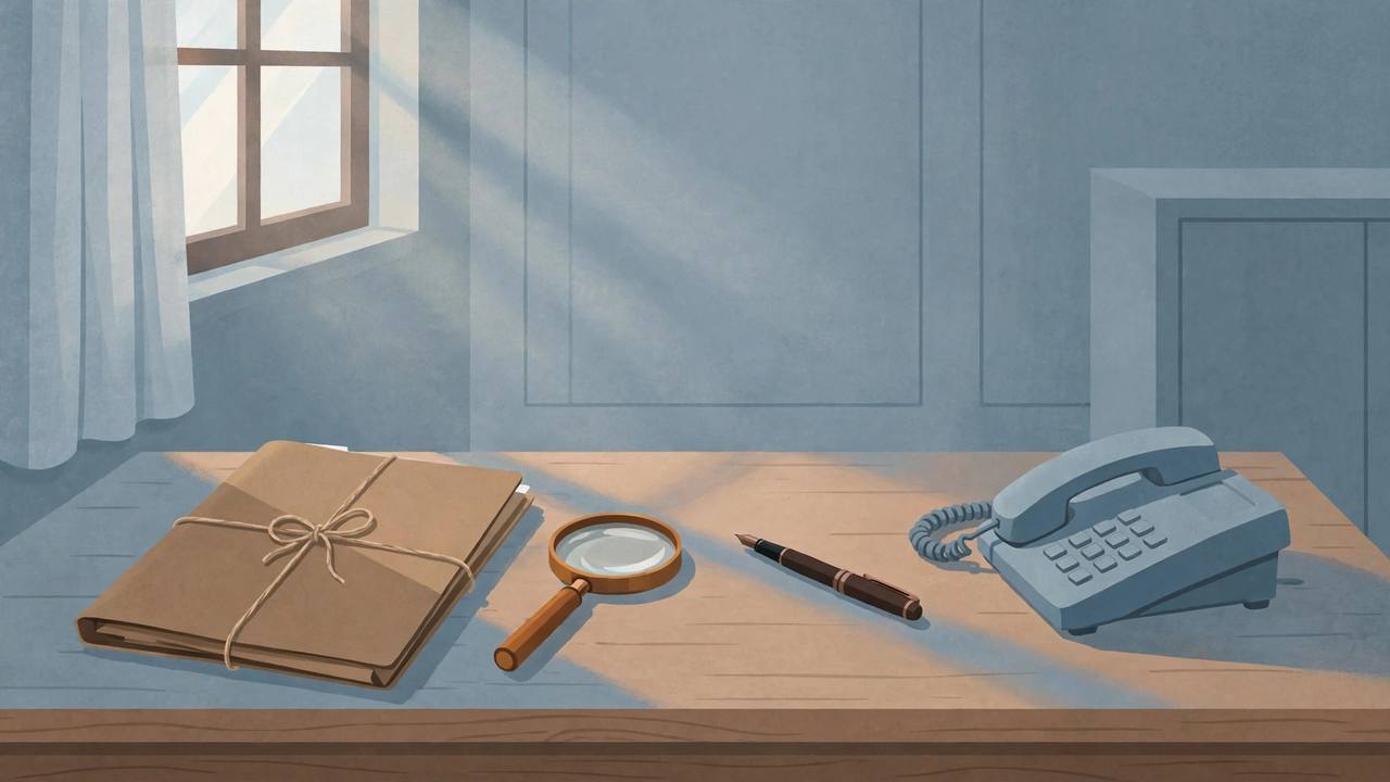 Editorial illustration of a sealed case file, a magnifying glass and a telephone on an investigator's desk in soft window light, with no people shown