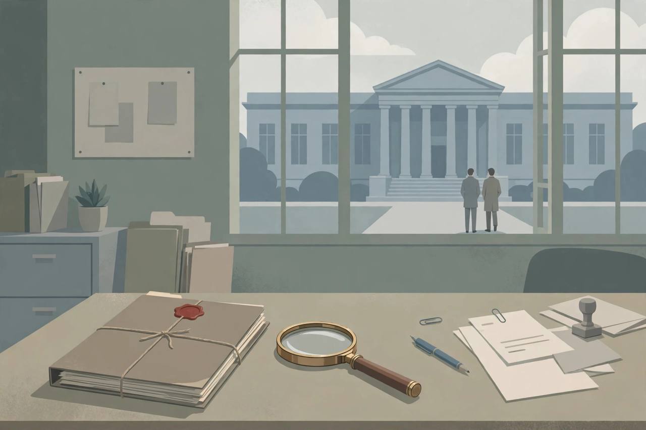 Editorial illustration of an investigation case file on a desk with a courthouse in the background - no real person's face, no depiction of any incident