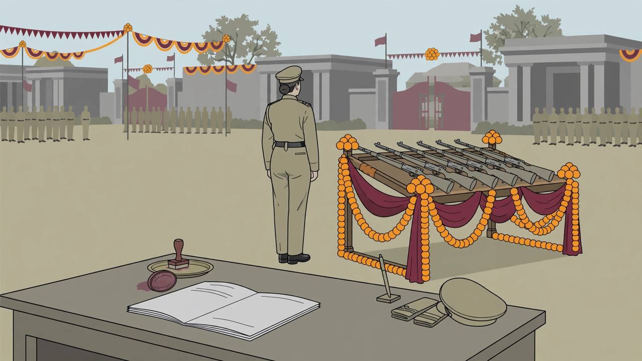 Editorial illustration of a police parade ground with rifles on a decorated ceremonial stand with marigold flowers and an official notice document on a desk in the foreground