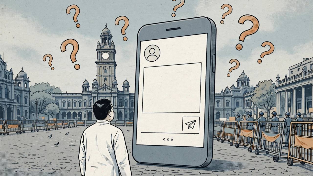 Editorial illustration of a generic political figure posting on a large smartphone, with a protest plaza, clock tower and police barricades in the background