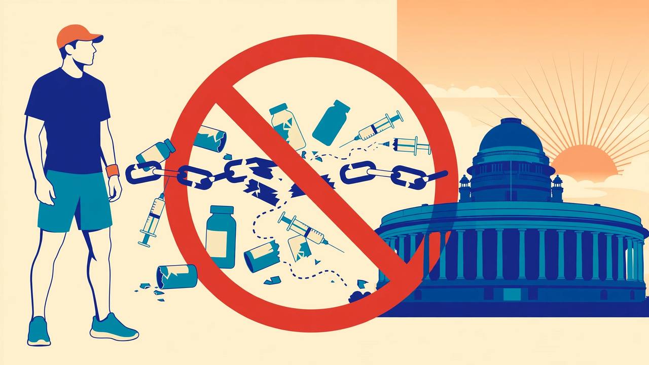Editorial illustration of a generic athlete beside a broken chain of banned-substance bottles and syringes under a prohibition sign, with the Parliament building in New Delhi in the background