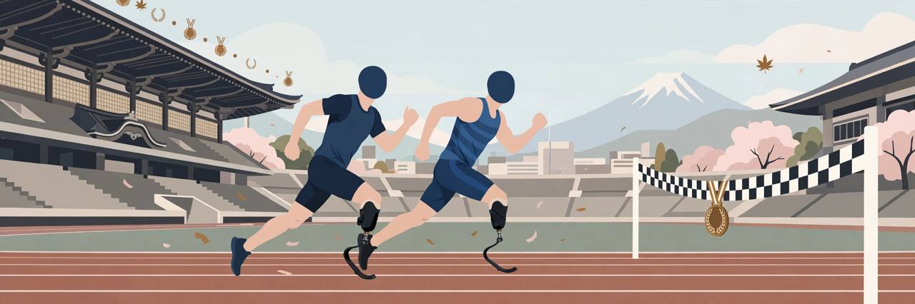 Editorial illustration of two generic para-sprinters racing on a stadium track