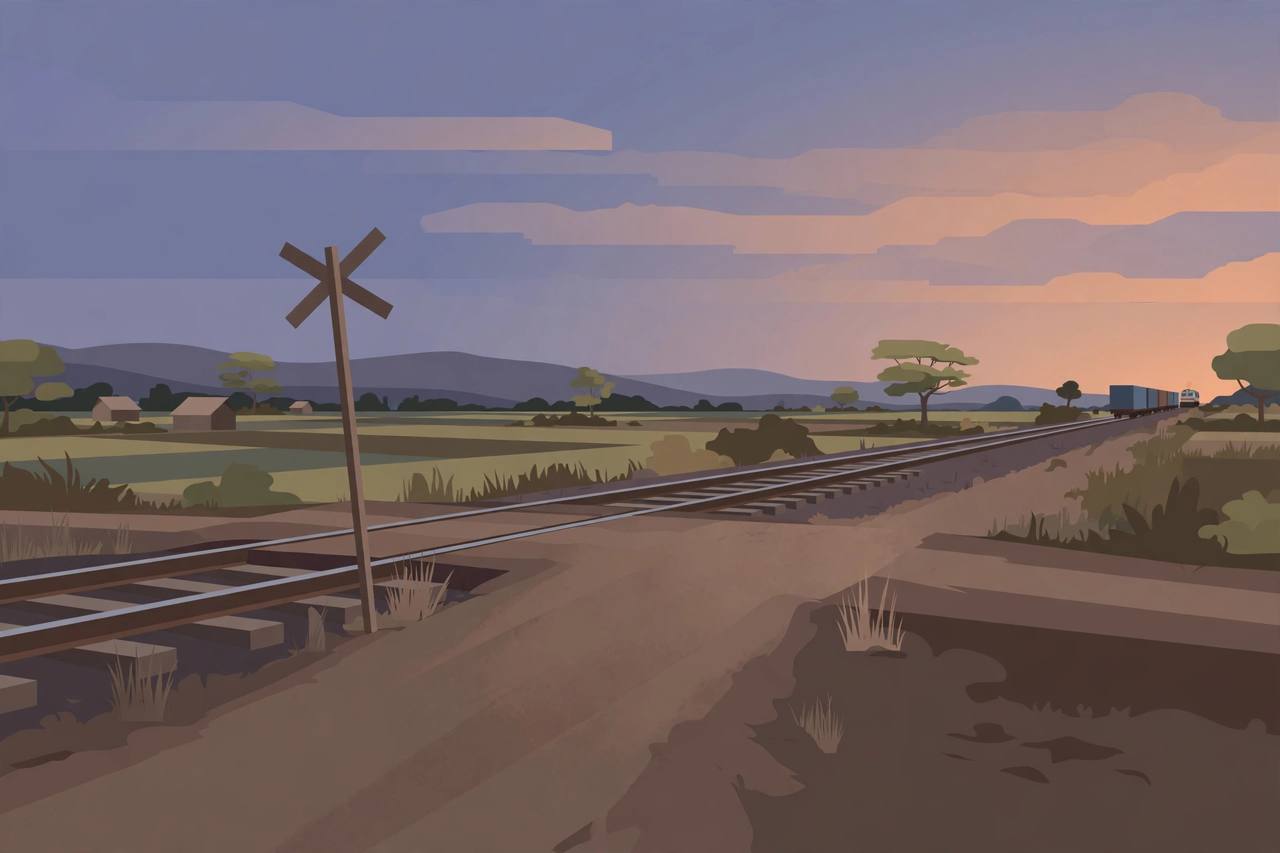 Editorial illustration of a quiet rural unmanned railway level crossing at dusk with a freight train in the far distance
