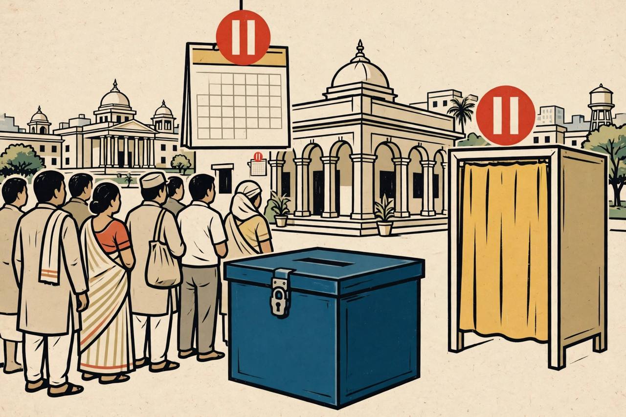 Editorial illustration of a paused municipal election in India, with a closed ballot box and voters waiting - no real person's face