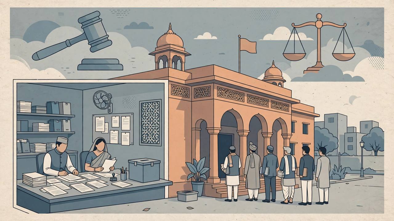 Editorial illustration of a ballot box and a municipal election office, with officials reviewing complaint papers and candidates waiting outside
