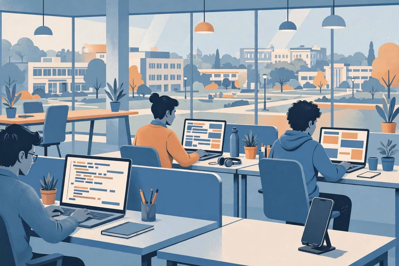 Editorial illustration of generic software engineers working on laptops in a modern tech office in India