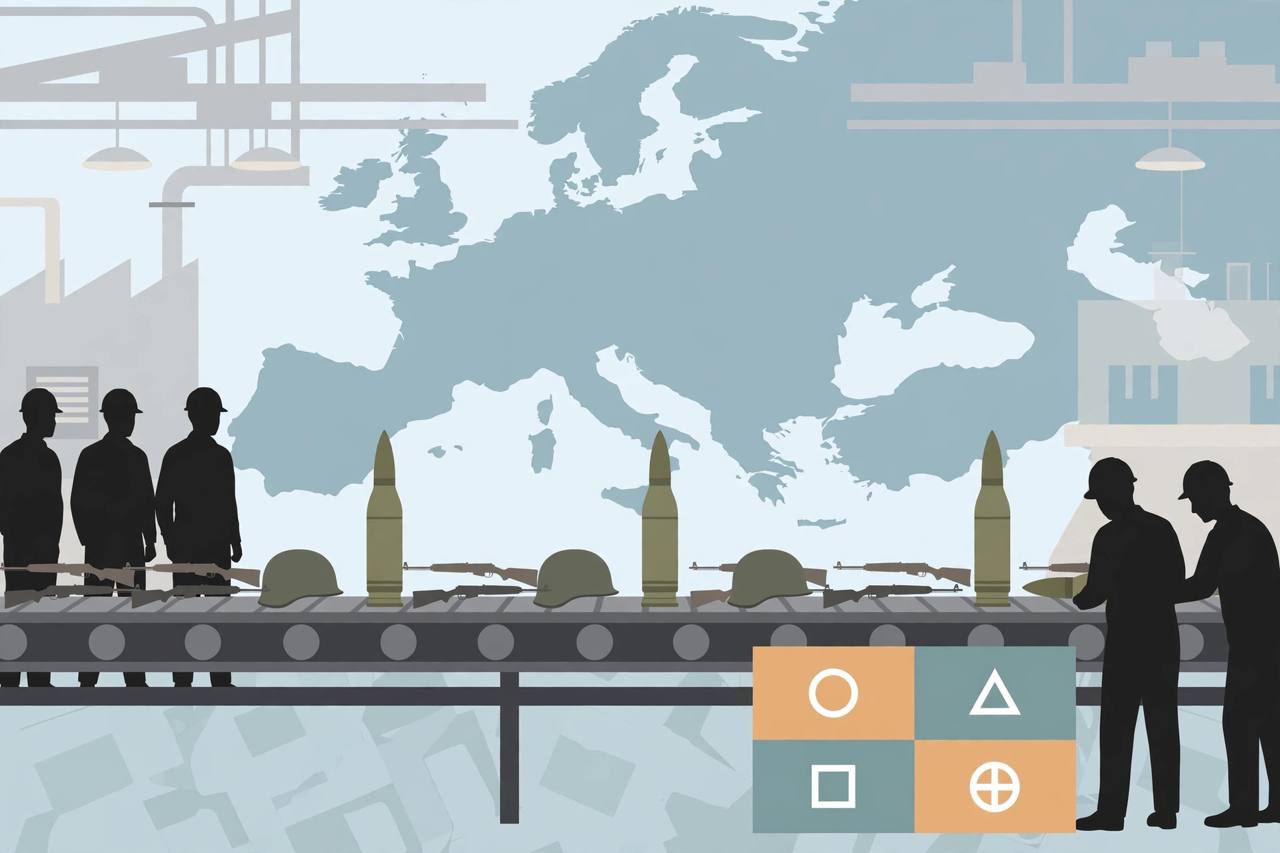 Editorial illustration of Indian-made artillery shells, small arms and helmets on a factory line with a stylised map of Europe behind