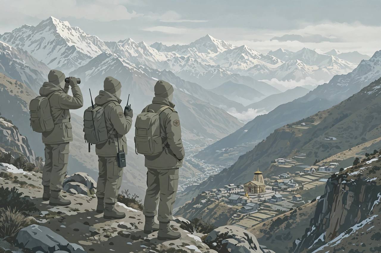 Editorial illustration of generic Indian Army soldiers in winter uniforms on a Himalayan ridge above a border village in Uttarakhand, looking toward snow peaks, no real person's likeness